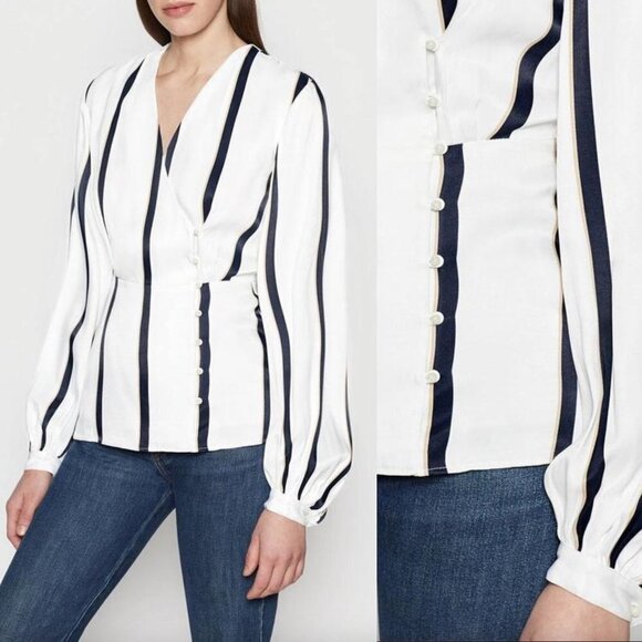 Equipment Tops - Equipment Alaine Striped Surplice-Neck Bishop-Sleeve Blouse Navy & White, Sz S